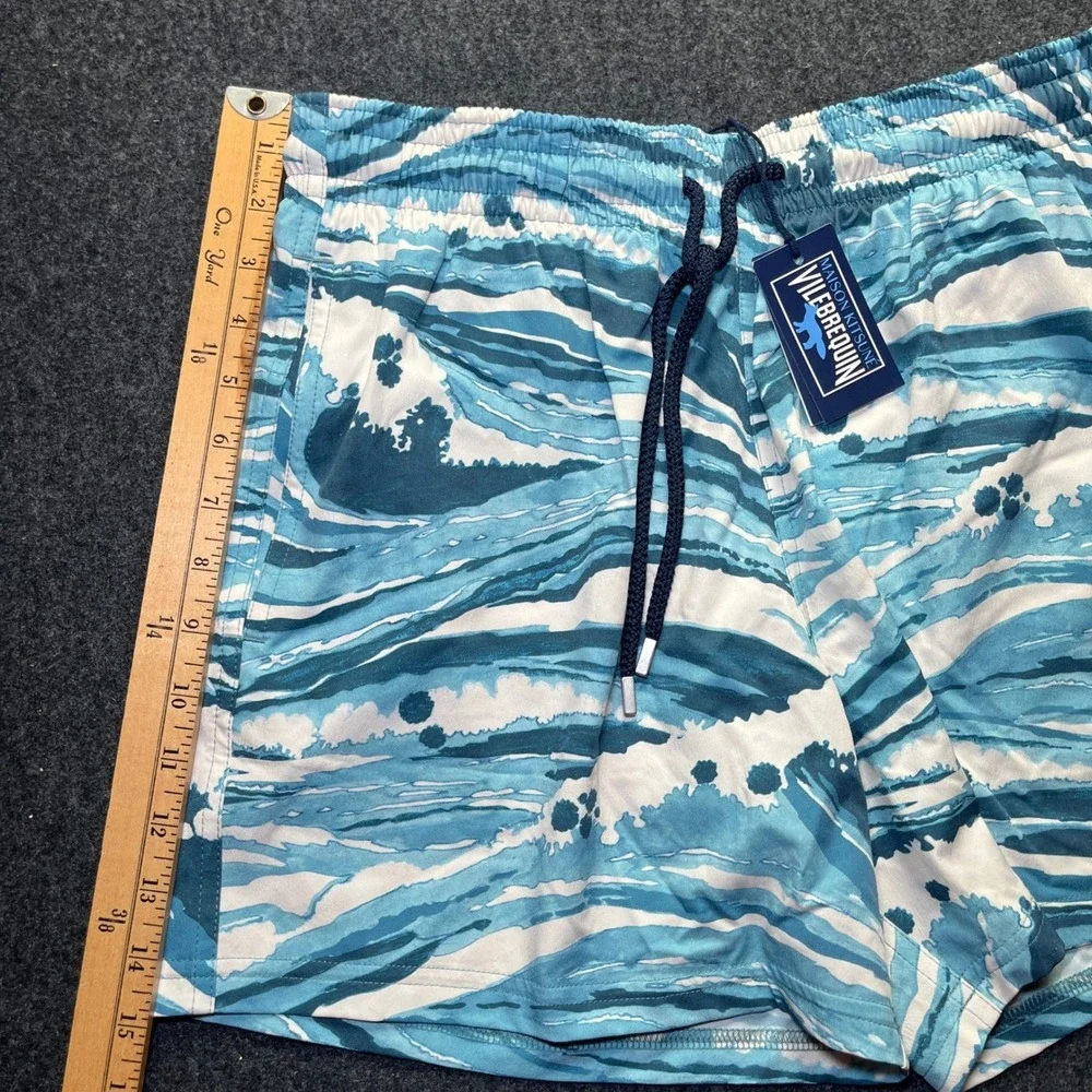 Maison Kitsune Vilebrequin Swim Trunks Mens L Blue NWT Moorise Wave Print Shorts